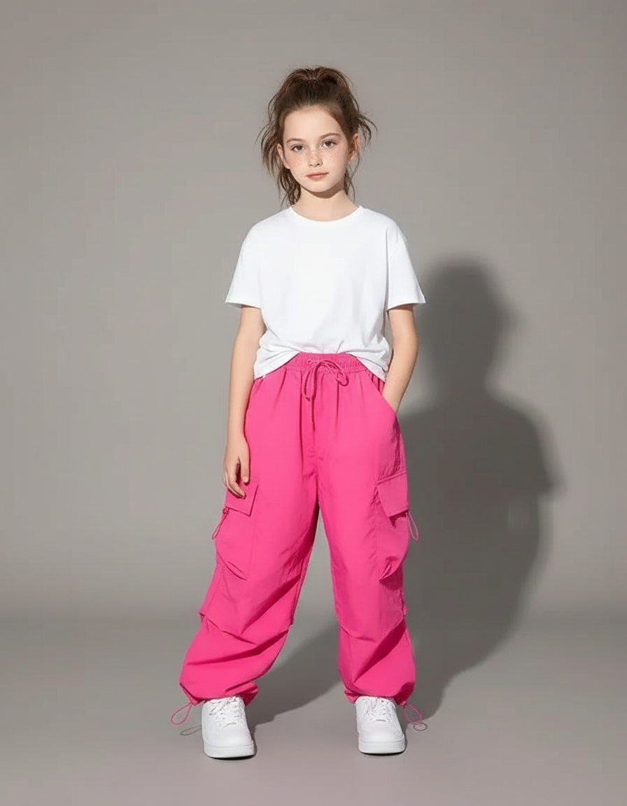 Pantalon Parachute Rose Cargo Ample Enfant Fille - Polyester