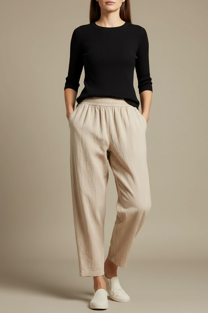Pantalon Parachute Beige Ample Lin Décontracté Taille Élastique