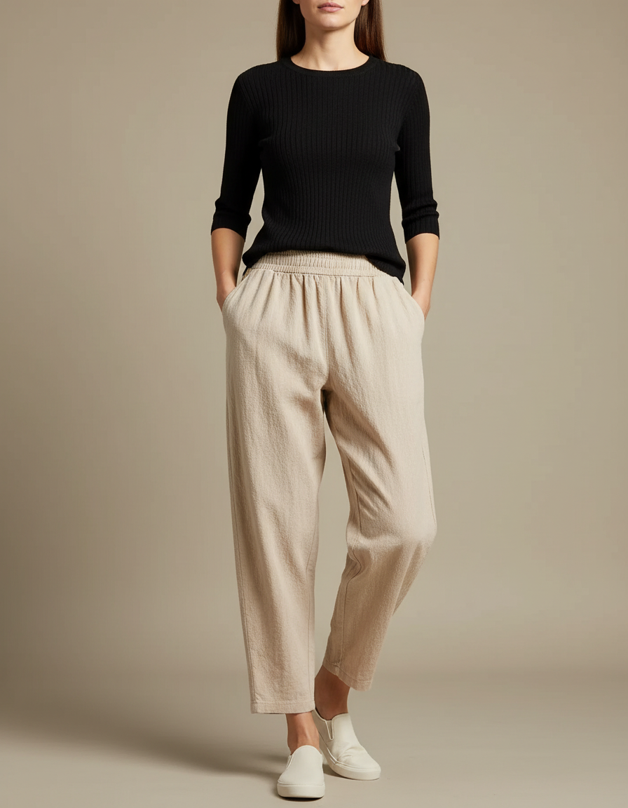 Pantalon Parachute Beige Ample Lin Décontracté Taille Élastique