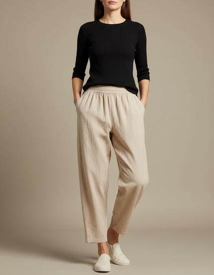 Pantalon Parachute Beige Ample Lin Décontracté Taille Élastique