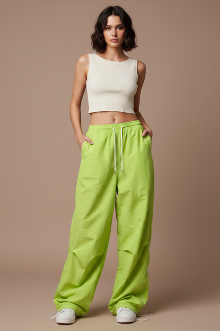 Pantalon Parachute Vert Citron Fluide Ample Streetwear - Polyester