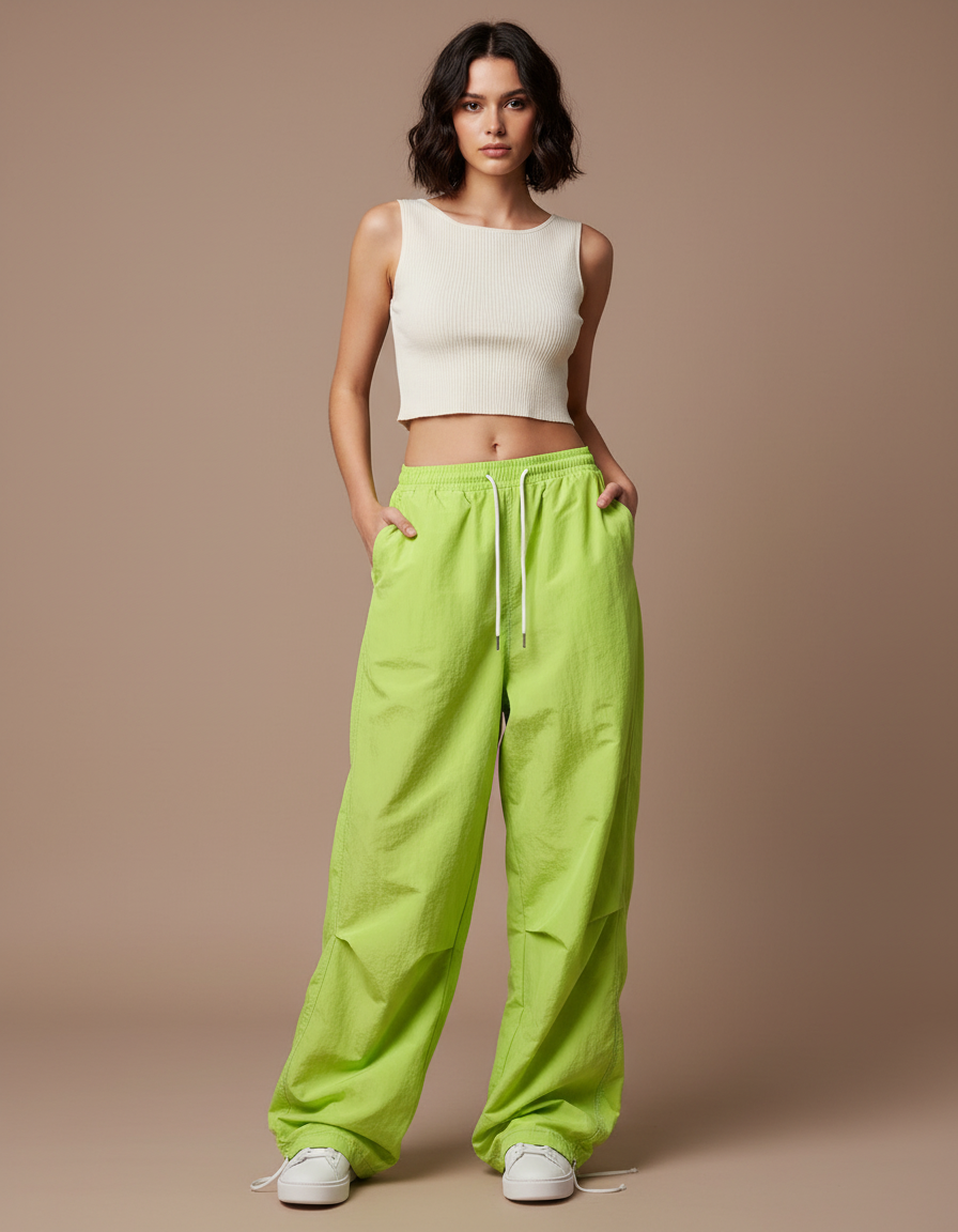Pantalon Parachute Vert Citron Fluide Ample Streetwear - Polyester