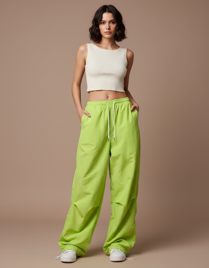 Pantalon Parachute Vert Citron Fluide Ample Streetwear - Polyester