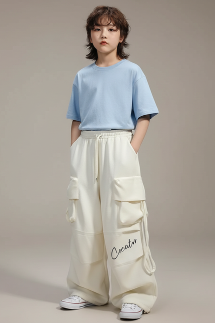 Pantalon Parachute Beige Cargo Ample Lettre Coton - Molleton