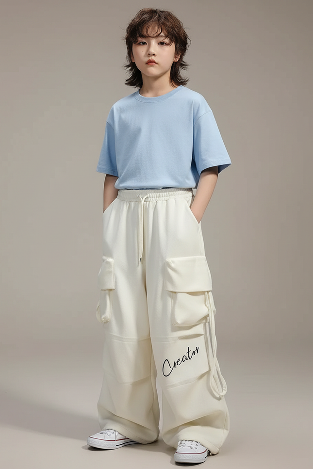 Pantalon Parachute Beige Cargo Ample Lettre Coton - Molleton