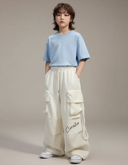 Pantalon Parachute Beige Cargo Ample Lettre Coton - Molleton