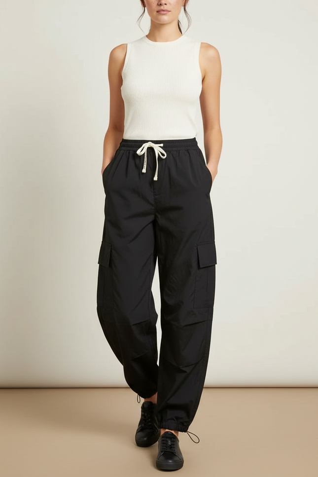 Pantalon Parachute Noir Cargo Fluide Cordon Femme - Polyester