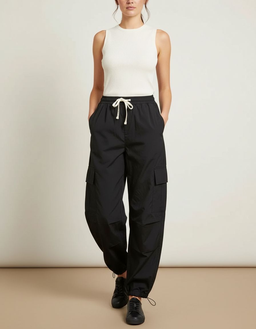Pantalon Parachute Noir Cargo Fluide Cordon Femme - Polyester