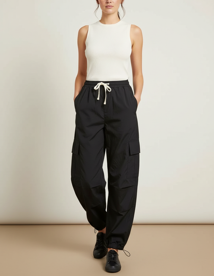 Pantalon Parachute Noir Cargo Fluide Cordon Femme - Polyester