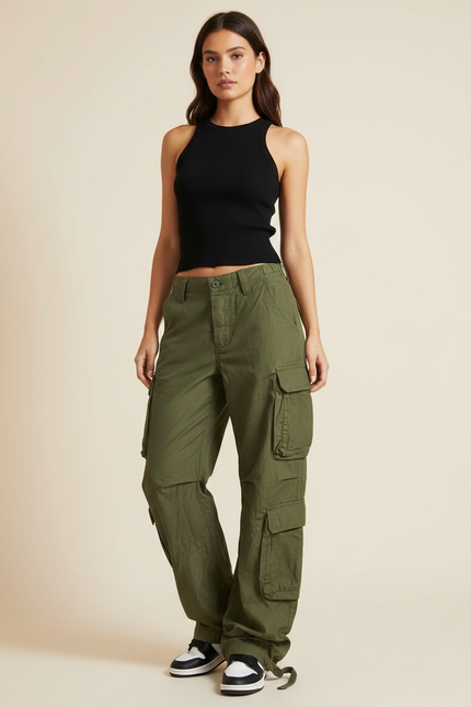 Pantalon Parachute Kaki Ample Cargo Femme Décontracté - Toile