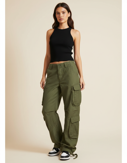 Pantalon Parachute Kaki Ample Cargo Femme Décontracté - Toile