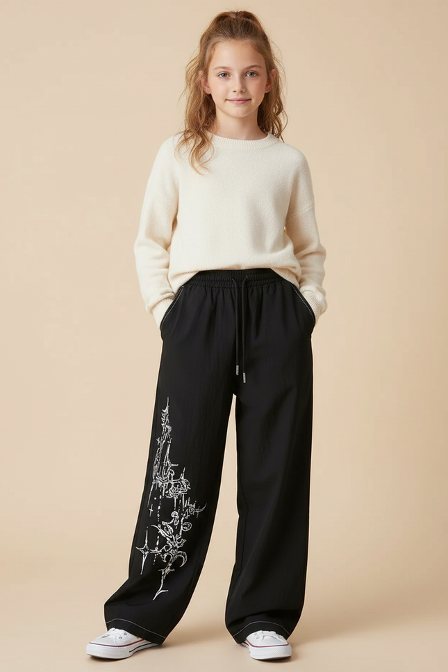 Pantalon Parachute Noir Ample Motif Urbain Streetwear - Polyester