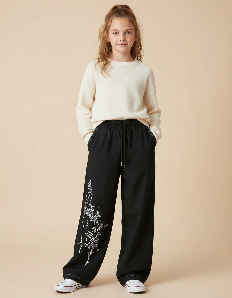 Pantalon Parachute Noir Ample Motif Urbain Streetwear - Polyester
