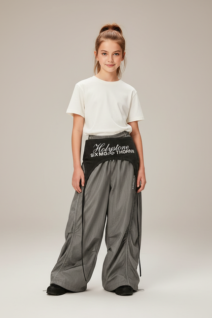 Pantalon Parachute Gris Ample Sportif Fluide Fille - Polyester