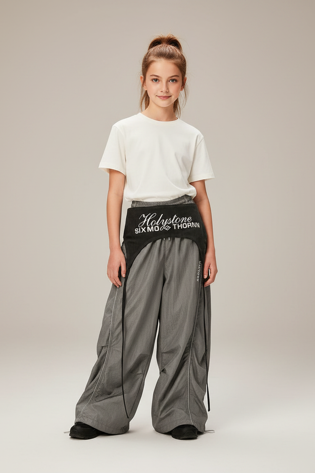 Pantalon Parachute Gris Ample Sportif Fluide Fille - Polyester