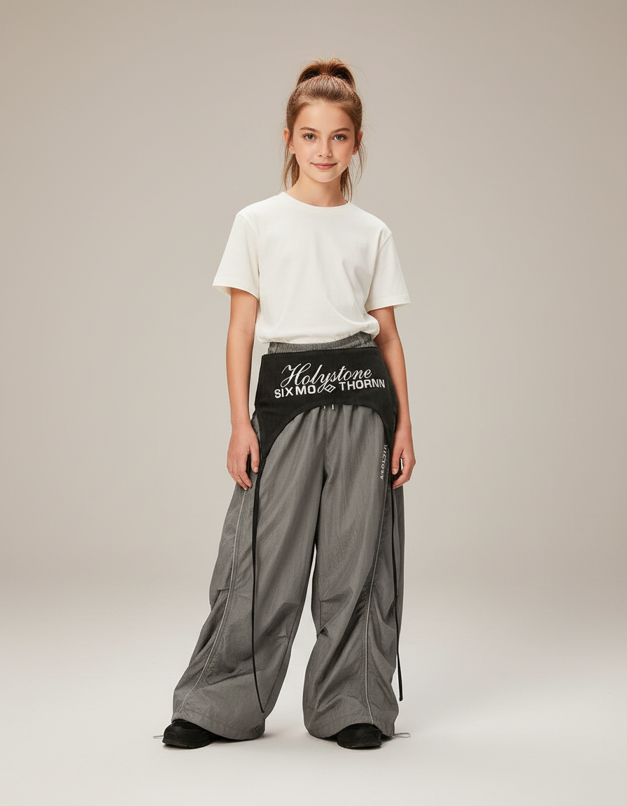 Pantalon Parachute Gris Ample Sportif Fluide Fille - Polyester