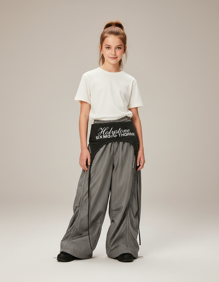 Pantalon Parachute Gris Ample Sportif Fluide Fille - Polyester