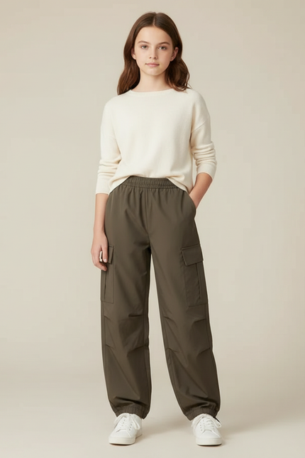 Pantalon Parachute Vert Cargo Ample Multipoches Fille - Kaki Polyester