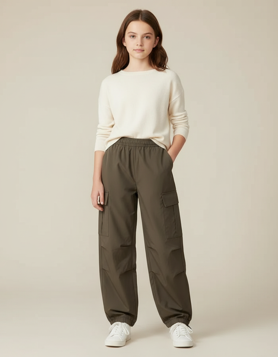 Pantalon Parachute Vert Cargo Ample Multipoches Fille - Kaki Polyester