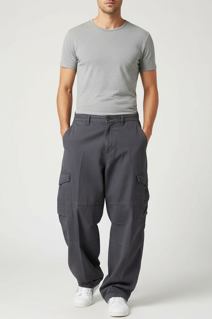 Pantalon Parachute Gris Ample Cargo Multipoches Homme - Toile