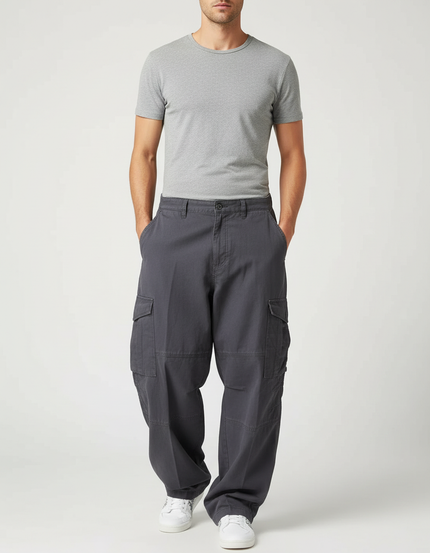 Pantalon Parachute Gris Ample Cargo Multipoches Homme - Toile