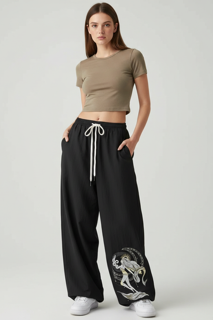 Pantalon Parachute Noir Ample Imprimé Mythique Cordon Femme - Polyester