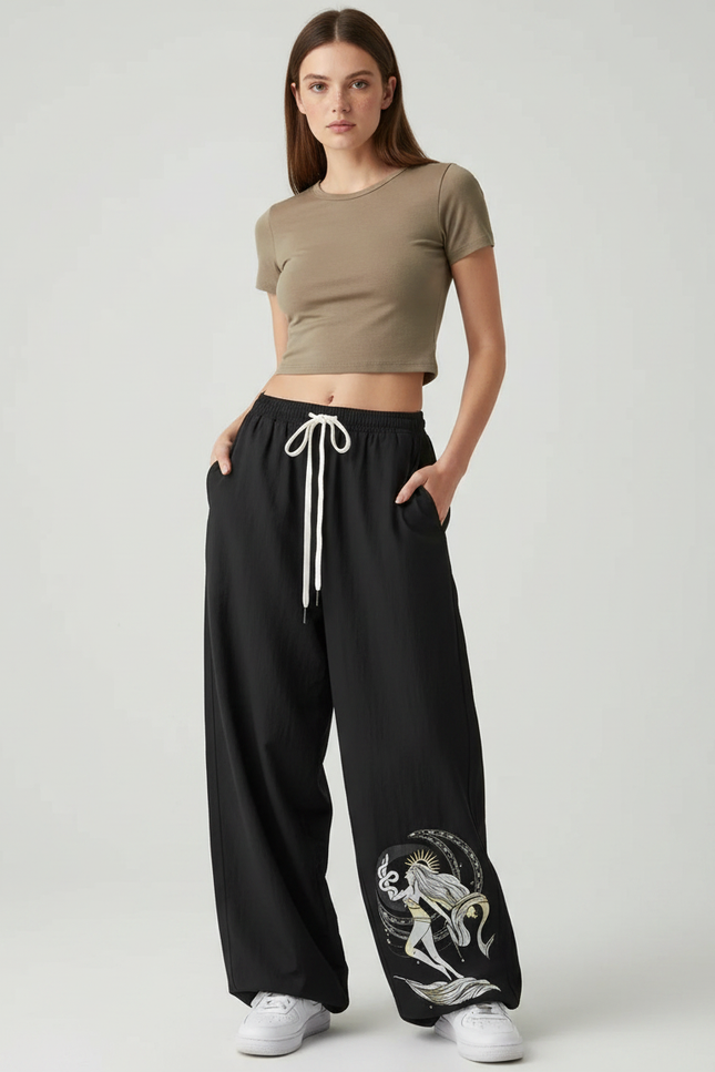 Pantalon Parachute Noir Ample Imprimé Mythique Cordon Femme - Polyester