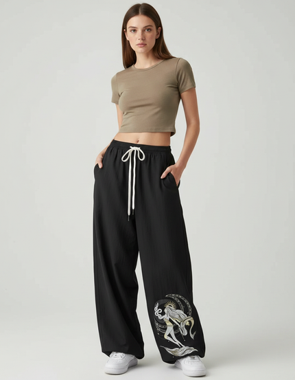 Pantalon Parachute Noir Ample Imprimé Mythique Cordon Femme - Polyester