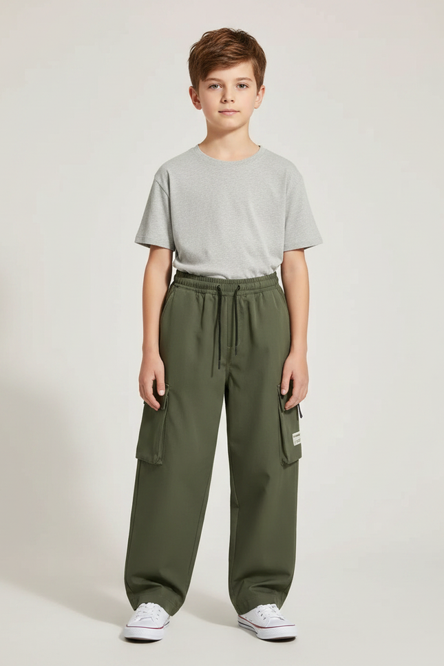 Pantalon Parachute Vert Kaki Ample Cargo Enfant Décontracté - Polyester