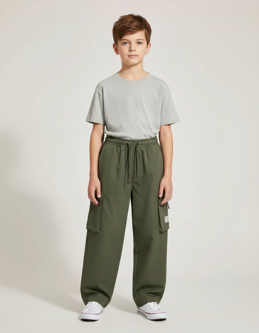 Pantalon Parachute Vert Kaki Ample Cargo Enfant Décontracté - Polyester