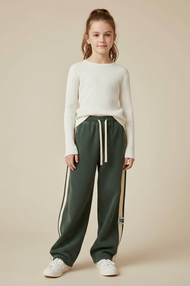 Pantalon Parachute Vert Ample Rayures Blanches - Molleton