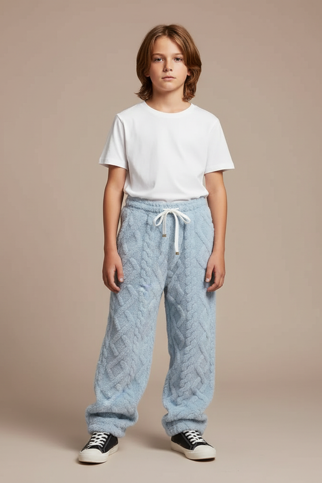 Pantalon Parachute Bleu Ciel Tricoté Ample Garçon Confortable - Maille