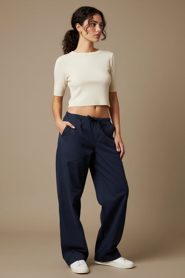 Pantalon Parachute Marine Cordon Ample Décontracté Femme - Coton