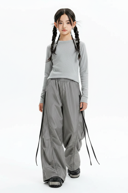 Pantalon Parachute Gris Ample Nylon Fille - Polyester