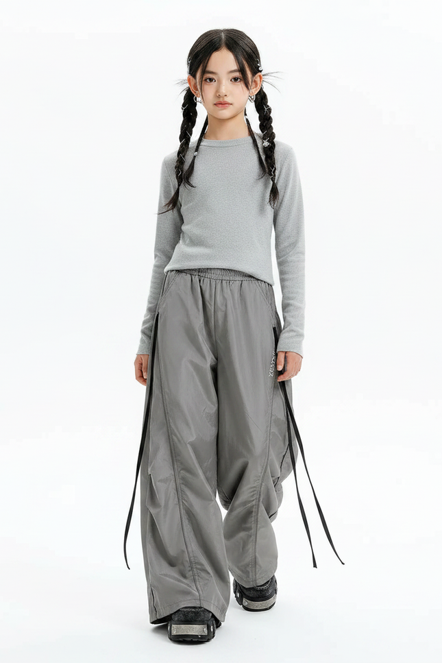 Pantalon Parachute Gris Ample Nylon Fille - Polyester