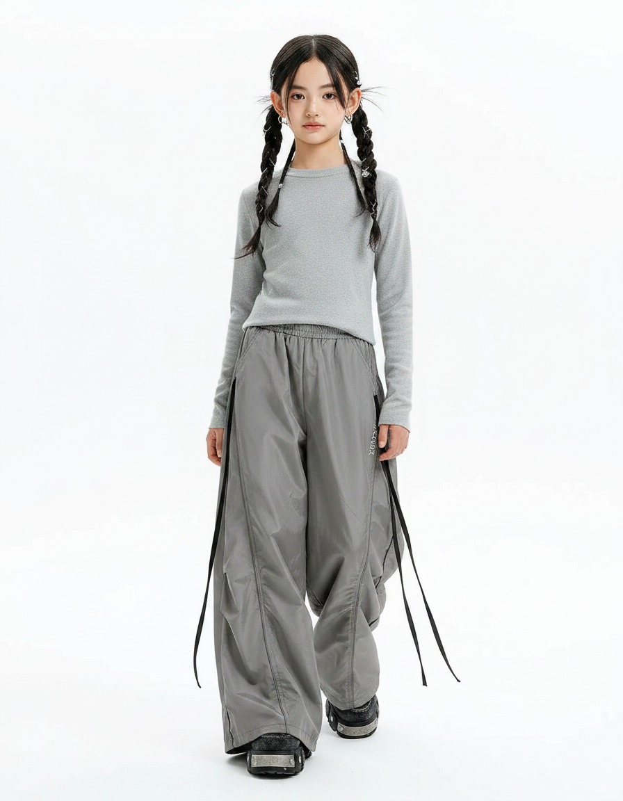 Pantalon Parachute Gris Ample Nylon Fille - Polyester