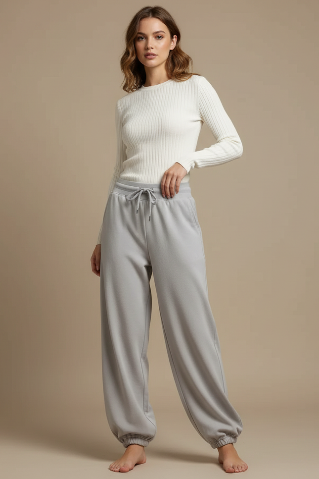 Pantalon Parachute Gris Ample Cordon Confortable Femme - Molleton
