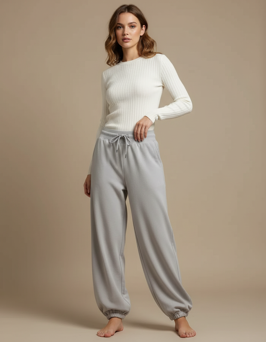 Pantalon Parachute Gris Ample Cordon Confortable Femme - Molleton