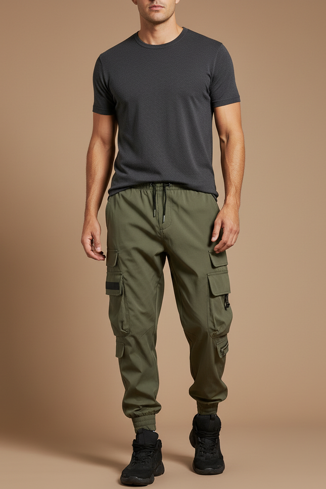 Pantalon Parachute Kaki Cargo Cordon Jogger Homme - Polyester