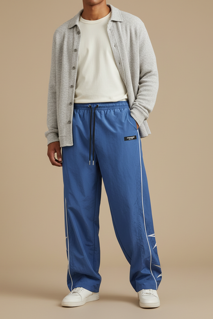 Pantalon Parachute Bleu Ample Sportif Rayures Latérales - Polyester