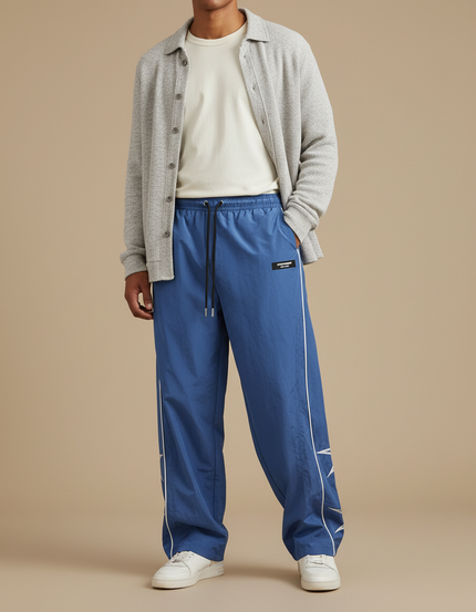 Pantalon Parachute Bleu Ample Sportif Rayures Latérales - Polyester