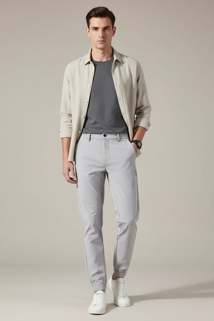 Pantalon Parachute Gris Clair Droit Nylon Homme Élastique - Polyester