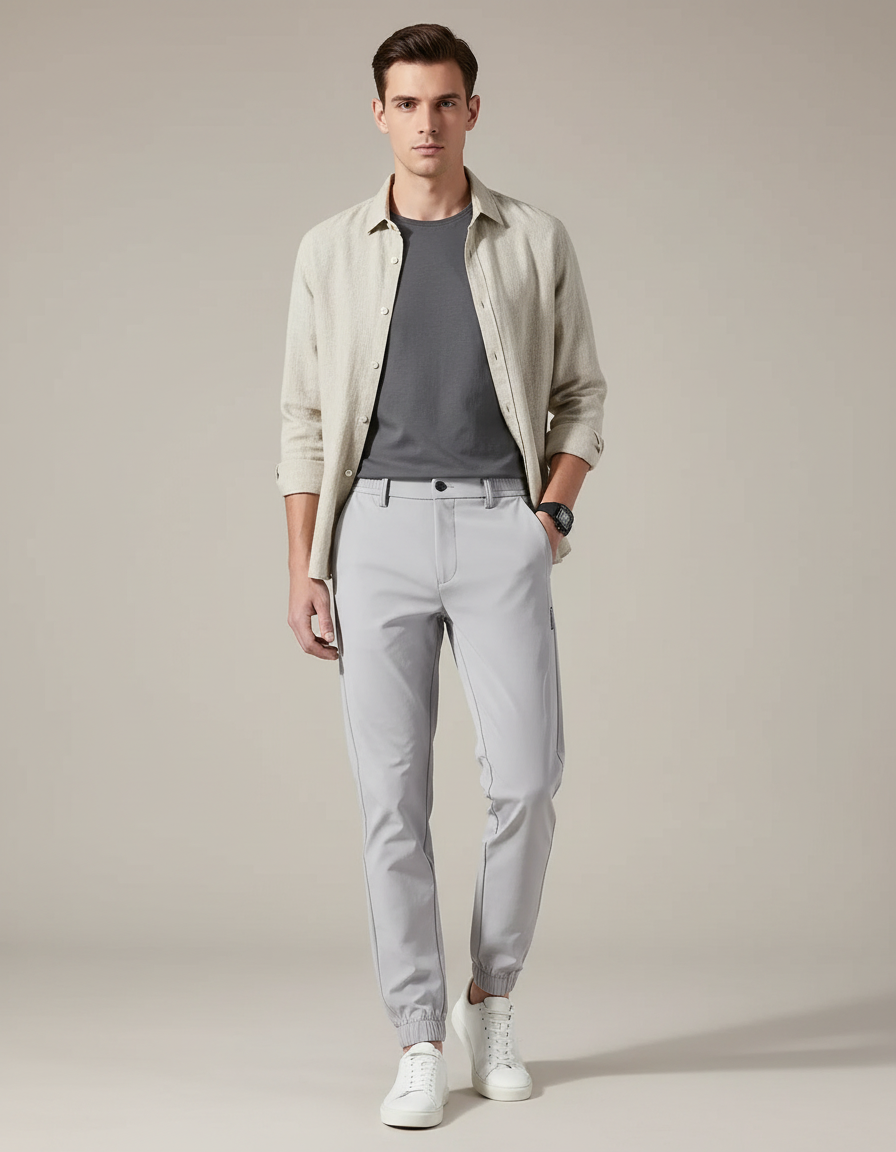Pantalon Parachute Gris Clair Droit Nylon Homme Élastique - Polyester
