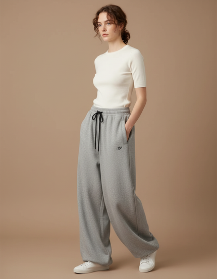 Pantalon Parachute Gris Ample Molleton Brodé
