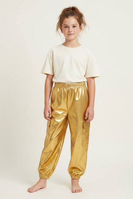 Pantalon Parachute Doré Métallisé Cargo Enfant Brillant - Polyester