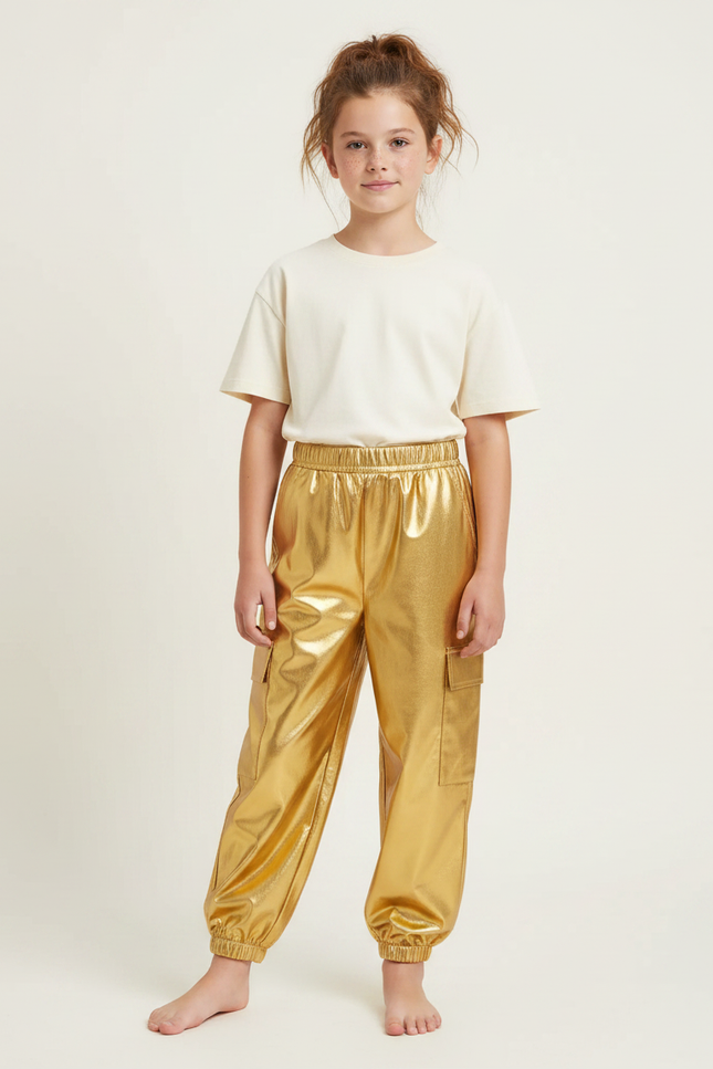 Pantalon Parachute Doré Métallisé Cargo Enfant Brillant - Polyester