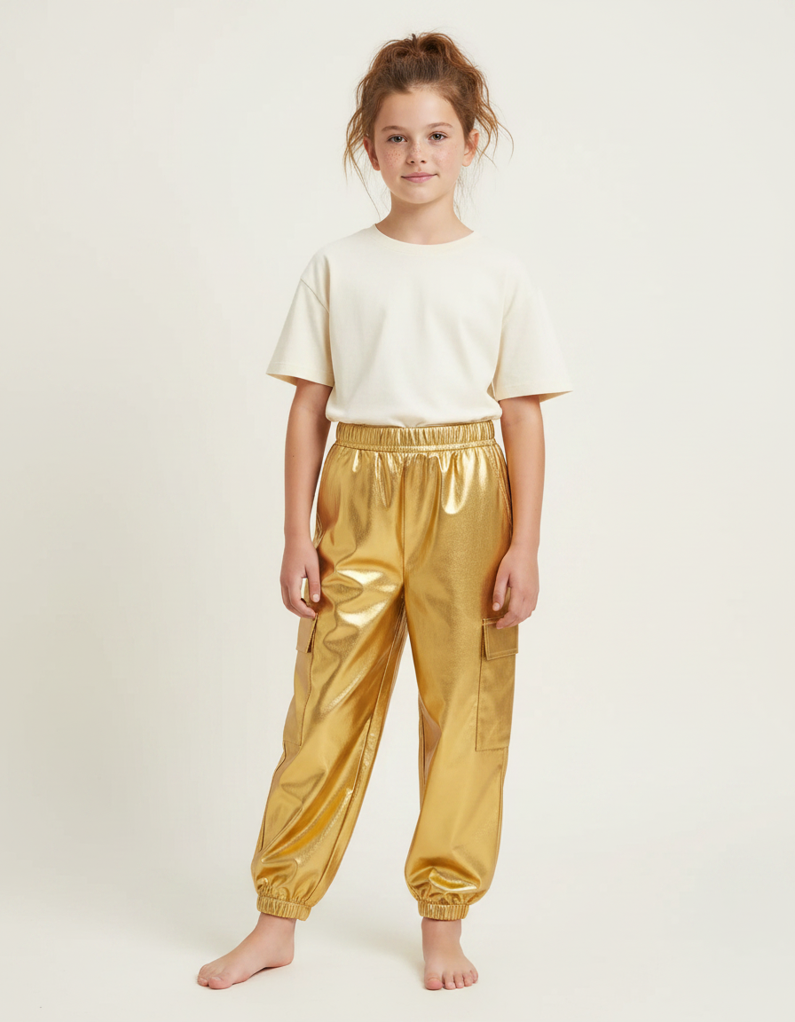 Pantalon Parachute Doré Métallisé Cargo Enfant Brillant - Polyester