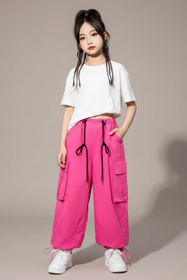 Pantalon Parachute Rose Vif Cargo Ample Fille - Polyester