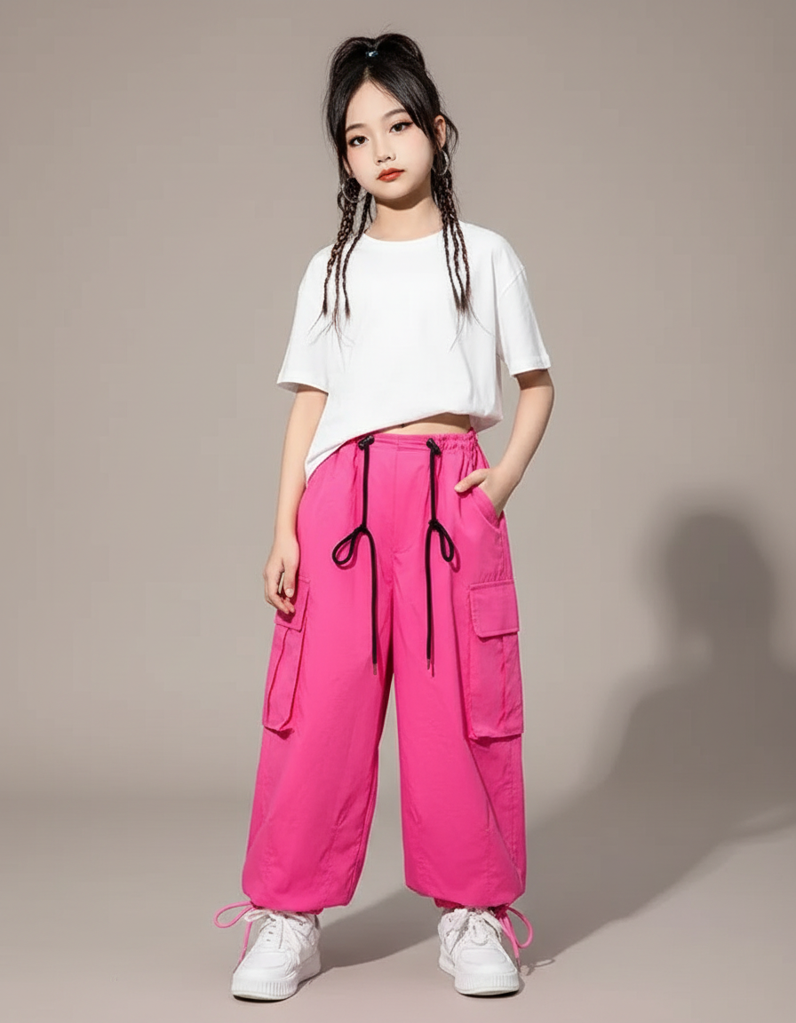 Pantalon Parachute Rose Vif Cargo Ample Fille - Polyester