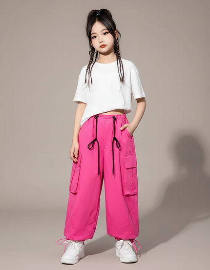 Pantalon Parachute Rose Vif Cargo Ample Fille - Polyester